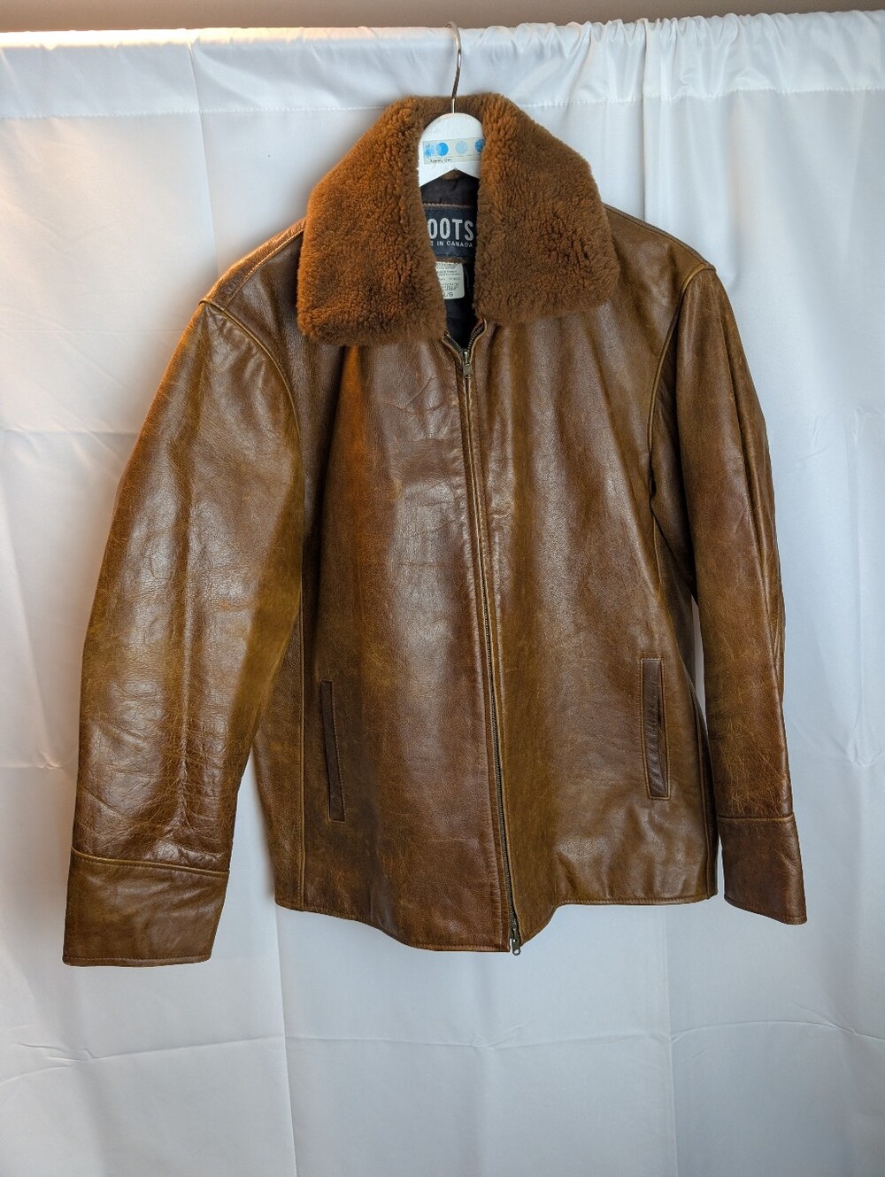 Vintage Roots Canada Men's Brown Leather Jacket Shearling Collar Aviator Bomber